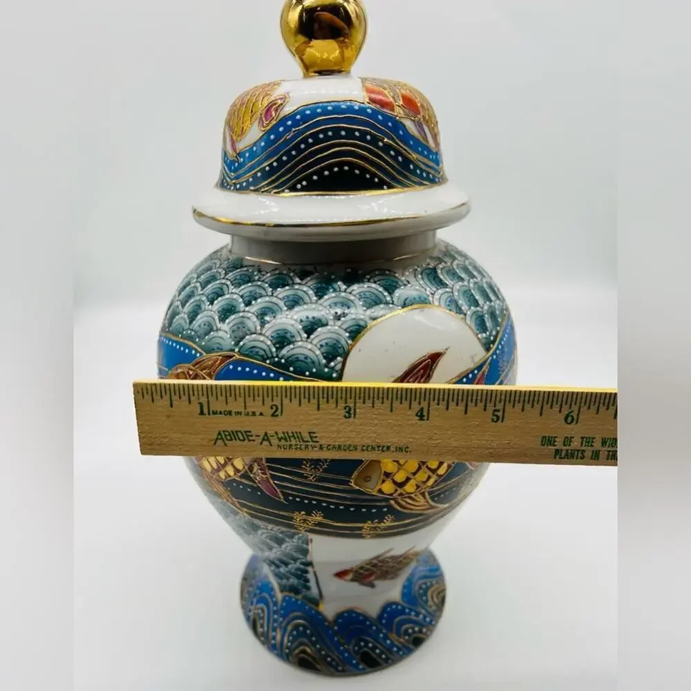 Porcelain hand painted Japanese textured large ginger jar with matching plate